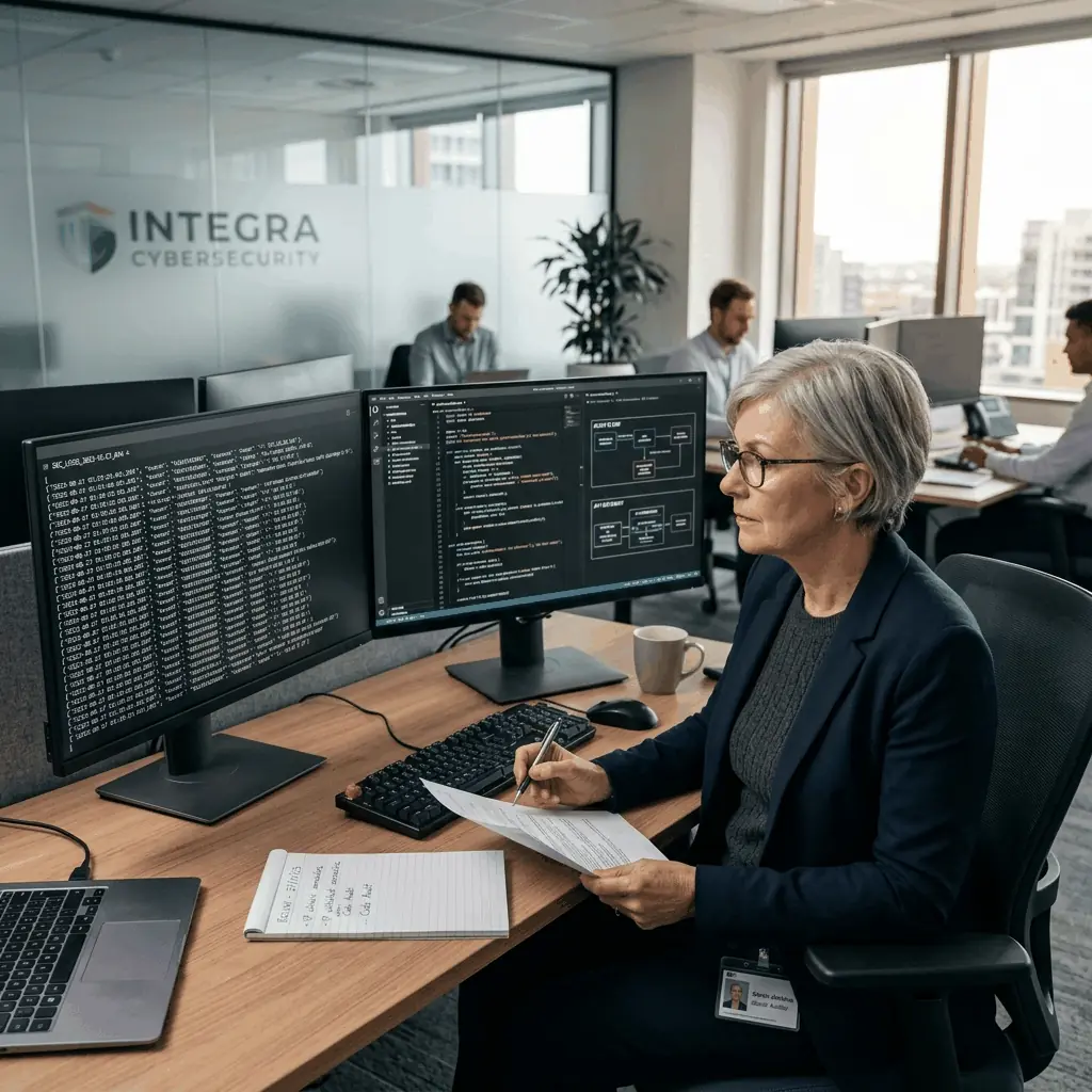 Technical Code Auditor Reviewing System Logs on Monitors