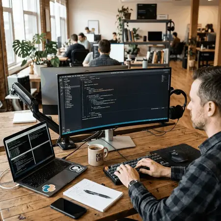 Modern Software Developer Workstation with Code Editor
